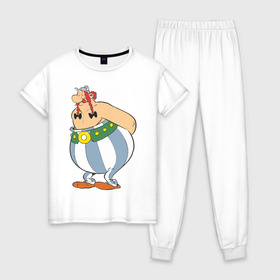 Женская пижама хлопок с принтом Обеликс в Тюмени, 100% хлопок | брюки и футболка прямого кроя, без карманов, на брюках мягкая резинка на поясе и по низу штанин | астерикс | астерикс и обеликс | обеликс