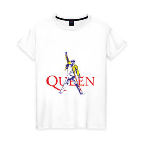 Женская футболка хлопок с принтом Queen(2) в Тюмени, 100% хлопок | прямой крой, круглый вырез горловины, длина до линии бедер, слегка спущенное плечо | rock | классический рок | куин | меркури | меркьюри | рок | фредди | фреди