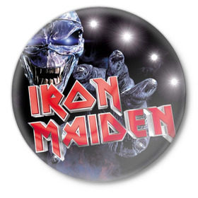 Значок с принтом Iron maiden sign в Тюмени,  металл | круглая форма, металлическая застежка в виде булавки | iron maiden | manowar | metall | metallica | рок | хэви метал