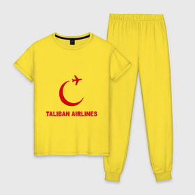 Женская пижама хлопок с принтом Taliban airlines (2) в Тюмени, 100% хлопок | брюки и футболка прямого кроя, без карманов, на брюках мягкая резинка на поясе и по низу штанин | airlines | taliban | авиалинии | полет | рейс | самолет | талибы