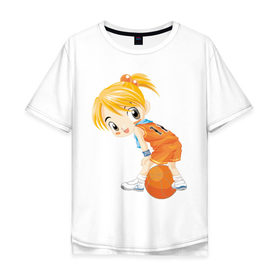 Мужская футболка хлопок Oversize с принтом Баскетболистка в Тюмени, 100% хлопок | свободный крой, круглый ворот, “спинка” длиннее передней части | баскетбольный мяч | девочка баскетболистка