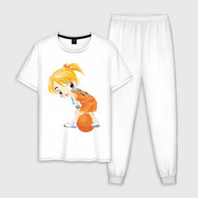 Мужская пижама хлопок с принтом Баскетболистка в Тюмени, 100% хлопок | брюки и футболка прямого кроя, без карманов, на брюках мягкая резинка на поясе и по низу штанин
 | баскетбольный мяч | девочка баскетболистка