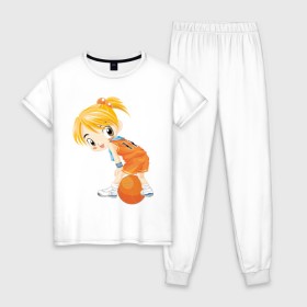 Женская пижама хлопок с принтом Баскетболистка в Тюмени, 100% хлопок | брюки и футболка прямого кроя, без карманов, на брюках мягкая резинка на поясе и по низу штанин | баскетбольный мяч | девочка баскетболистка