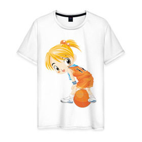 Мужская футболка хлопок с принтом Баскетболистка в Тюмени, 100% хлопок | прямой крой, круглый вырез горловины, длина до линии бедер, слегка спущенное плечо. | баскетбольный мяч | девочка баскетболистка