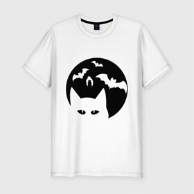 Мужская футболка премиум с принтом Луна с котами в Тюмени, 92% хлопок, 8% лайкра | приталенный силуэт, круглый вырез ворота, длина до линии бедра, короткий рукав | кот | кот на фоне луны | коты | летучие мыши | луна