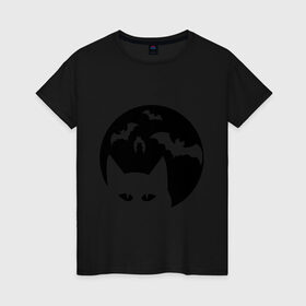 Женская футболка хлопок с принтом Луна с котами в Тюмени, 100% хлопок | прямой крой, круглый вырез горловины, длина до линии бедер, слегка спущенное плечо | Тематика изображения на принте: кот | кот на фоне луны | коты | летучие мыши | луна