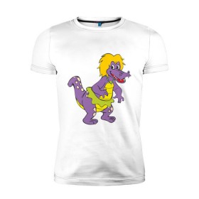 Мужская футболка премиум с принтом Динозаврик в Тюмени, 92% хлопок, 8% лайкра | приталенный силуэт, круглый вырез ворота, длина до линии бедра, короткий рукав | динозавр | динозаврик | дракон. дракончик