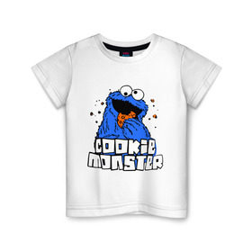 Детская футболка хлопок с принтом Cookie monster ест печеньку в Тюмени, 100% хлопок | круглый вырез горловины, полуприлегающий силуэт, длина до линии бедер | Тематика изображения на принте: cookie monster | куки монстр | улица сезам