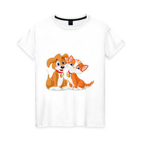 Женская футболка хлопок с принтом Щенок и котёнок в Тюмени, 100% хлопок | прямой крой, круглый вырез горловины, длина до линии бедер, слегка спущенное плечо | кот | котенок | котик | пес | щенок