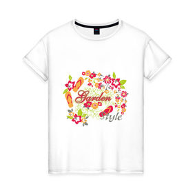 Женская футболка хлопок с принтом Garden style (3) в Тюмени, 100% хлопок | прямой крой, круглый вырез горловины, длина до линии бедер, слегка спущенное плечо | 
