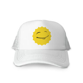 Кепка тракер с сеткой с принтом Смайл - довольное солнце в Тюмени, трикотажное полотно; задняя часть — сетка | длинный козырек, универсальный размер, пластиковая застежка | smile | довольное солнце | смайл | смайлик | солнце | солнышко | улыбка