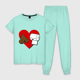 Женская пижама хлопок с принтом Какашка и бумага в Тюмени, 100% хлопок | брюки и футболка прямого кроя, без карманов, на брюках мягкая резинка на поясе и по низу штанин | love. сердце | бумага | вместе навсегда | любовь | туалетная бумага