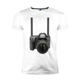 Мужская футболка премиум с принтом Фотоаппарат на шее в Тюмени, 92% хлопок, 8% лайкра | приталенный силуэт, круглый вырез ворота, длина до линии бедра, короткий рукав | Тематика изображения на принте: прикольные | рисунок | турист | фотоаппарат