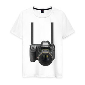 Мужская футболка хлопок с принтом Фотоаппарат на шее в Тюмени, 100% хлопок | прямой крой, круглый вырез горловины, длина до линии бедер, слегка спущенное плечо. | Тематика изображения на принте: прикольные | рисунок | турист | фотоаппарат