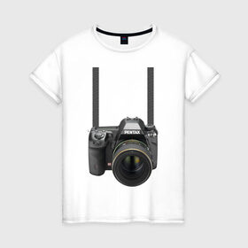 Женская футболка хлопок с принтом Фотоаппарат на шее в Тюмени, 100% хлопок | прямой крой, круглый вырез горловины, длина до линии бедер, слегка спущенное плечо | прикольные | рисунок | турист | фотоаппарат