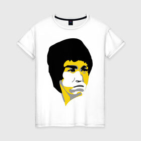 Женская футболка хлопок с принтом Брюс Ли портрет в Тюмени, 100% хлопок | прямой крой, круглый вырез горловины, длина до линии бедер, слегка спущенное плечо | брюс ли