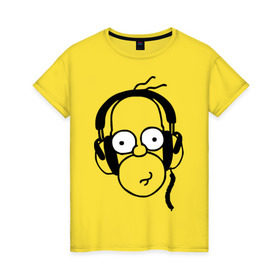 Женская футболка хлопок с принтом Гомер и музыка в Тюмени, 100% хлопок | прямой крой, круглый вырез горловины, длина до линии бедер, слегка спущенное плечо | гомер