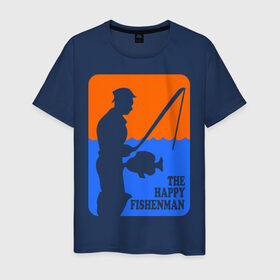 Мужская футболка хлопок с принтом Счастливый рыбак в Тюмени, 100% хлопок | прямой крой, круглый вырез горловины, длина до линии бедер, слегка спущенное плечо. | Тематика изображения на принте: fishenman | happy | рыба | рыбалка | счастье