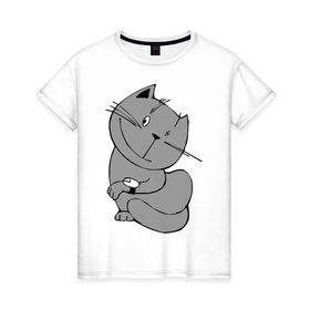 Женская футболка хлопок с принтом Кот с часами в Тюмени, 100% хлопок | прямой крой, круглый вырез горловины, длина до линии бедер, слегка спущенное плечо | довольный кот | кот с часами | котик | коты | котя | кошки | наручные часы | часы