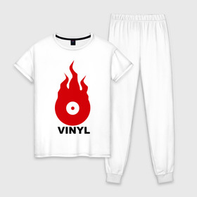 Женская пижама хлопок с принтом Vinyl в Тюмени, 100% хлопок | брюки и футболка прямого кроя, без карманов, на брюках мягкая резинка на поясе и по низу штанин | tiesto | vinyl | винил | огонь | пластинка