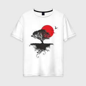 Женская футболка хлопок Oversize с принтом Солнце востока в Тюмени, 100% хлопок | свободный крой, круглый ворот, спущенный рукав, длина до линии бедер
 | восток | восходящее солнце | дальний восток | дерево | солнце | тень | япония