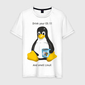 Мужская футболка хлопок с принтом Drink your OS And smell Linux в Тюмени, 100% хлопок | прямой крой, круглый вырез горловины, длина до линии бедер, слегка спущенное плечо. | пингвин