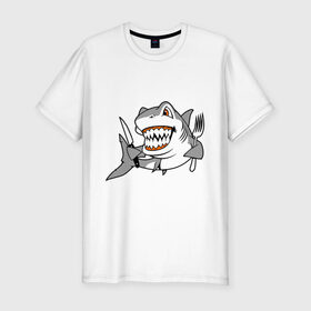 Мужская футболка премиум с принтом Акула решила пообедать в Тюмени, 92% хлопок, 8% лайкра | приталенный силуэт, круглый вырез ворота, длина до линии бедра, короткий рукав | акула | животные | обед | хищник