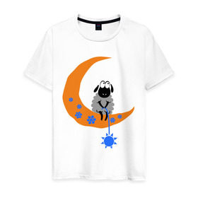 Мужская футболка хлопок с принтом Барашек на месяце в Тюмени, 100% хлопок | прямой крой, круглый вырез горловины, длина до линии бедер, слегка спущенное плечо. | Тематика изображения на принте: баран | барашек | месяц | овечка | овца | полумесяц