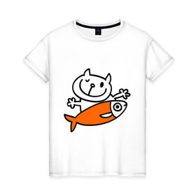Женская футболка хлопок с принтом Кот и большая рыба в Тюмени, 100% хлопок | прямой крой, круглый вырез горловины, длина до линии бедер, слегка спущенное плечо | Тематика изображения на принте: довольный кот | кот | коты | котя | рыба | сытый кот