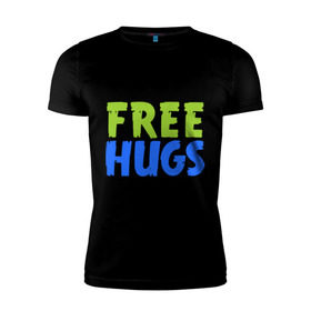 Мужская футболка премиум с принтом Объятия бесплатно в Тюмени, 92% хлопок, 8% лайкра | приталенный силуэт, круглый вырез ворота, длина до линии бедра, короткий рукав | free hugs | обнимать | объятия бесплатно | подарите людям свои теплые дружеские объятияобниматься