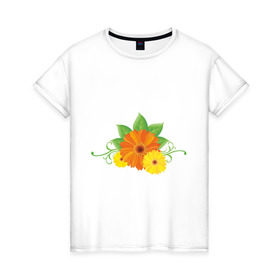 Женская футболка хлопок с принтом Герберы (2) в Тюмени, 100% хлопок | прямой крой, круглый вырез горловины, длина до линии бедер, слегка спущенное плечо | Тематика изображения на принте: герберы | любая женщина любит цветы.цветы | цветок