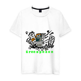 Мужская футболка хлопок с принтом Greenpeace (2) в Тюмени, 100% хлопок | прямой крой, круглый вырез горловины, длина до линии бедер, слегка спущенное плечо. | greenpeace | город | гринпис | загрязнение планеты | зеленый мир | мусор | планета замля