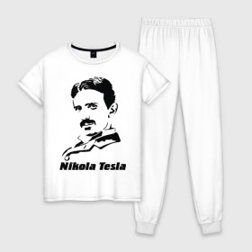 Женская пижама хлопок с принтом Nikola Tesla в Тюмени, 100% хлопок | брюки и футболка прямого кроя, без карманов, на брюках мягкая резинка на поясе и по низу штанин | nikola tesla | знаменитая личность | знаменитость | никола тесла | портрет | тесла | ученый | физик