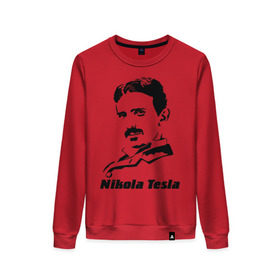 Женский свитшот хлопок с принтом Nikola Tesla в Тюмени, 100% хлопок | прямой крой, круглый вырез, на манжетах и по низу широкая трикотажная резинка  | nikola tesla | знаменитая личность | знаменитость | никола тесла | портрет | тесла | ученый | физик
