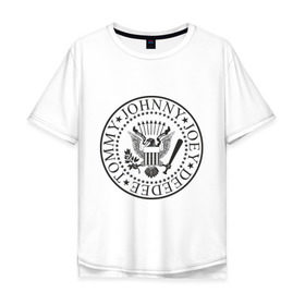 Мужская футболка хлопок Oversize с принтом Ramones герб в Тюмени, 100% хлопок | свободный крой, круглый ворот, “спинка” длиннее передней части | heavy metal | metal | muse | rock | trash metal | альтернатива | квартет | лица | метал | рок | рок группа | рок группы | трэш метал | хеви метал