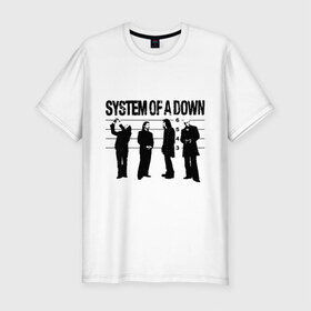 Мужская футболка премиум с принтом System of a Down музыканты в Тюмени, 92% хлопок, 8% лайкра | приталенный силуэт, круглый вырез ворота, длина до линии бедра, короткий рукав | Тематика изображения на принте: system of a down | изображение system of a down | музыканты system of a down | силуэты system of a down