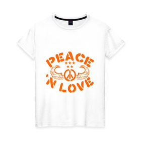 Женская футболка хлопок с принтом Peace n Love в Тюмени, 100% хлопок | прямой крой, круглый вырез горловины, длина до линии бедер, слегка спущенное плечо | хиппи