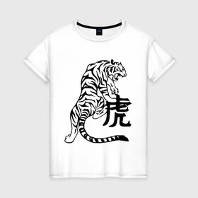 Женская футболка хлопок с принтом Тигр (6) в Тюмени, 100% хлопок | прямой крой, круглый вырез горловины, длина до линии бедер, слегка спущенное плечо | животные | иероглиф | кошачьи | тигр | хищник