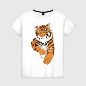 Женская футболка хлопок с принтом Тигр (7) в Тюмени, 100% хлопок | прямой крой, круглый вырез горловины, длина до линии бедер, слегка спущенное плечо | животные | кошачьи | тигр | хищник