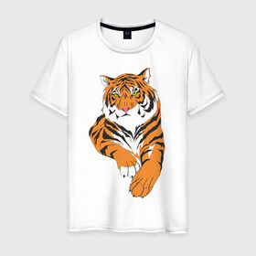 Мужская футболка хлопок с принтом Тигр (7) в Тюмени, 100% хлопок | прямой крой, круглый вырез горловины, длина до линии бедер, слегка спущенное плечо. | животные | кошачьи | тигр | хищник