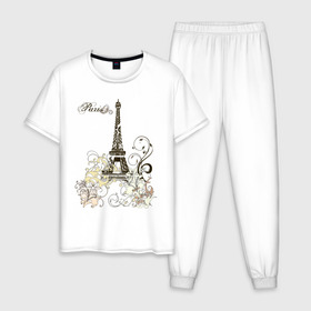 Мужская пижама хлопок с принтом Paris (2) в Тюмени, 100% хлопок | брюки и футболка прямого кроя, без карманов, на брюках мягкая резинка на поясе и по низу штанин
 | башня | париж | парижане | франция | французский | французы | эйфелева