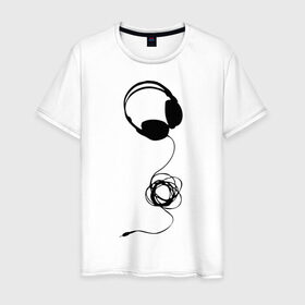Мужская футболка хлопок с принтом Наушники и шнур в Тюмени, 100% хлопок | прямой крой, круглый вырез горловины, длина до линии бедер, слегка спущенное плечо. | deejay | dj | диджей | шаушники | шнур