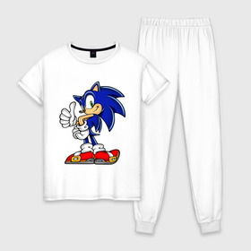 Женская пижама хлопок с принтом Sonic (2) в Тюмени, 100% хлопок | брюки и футболка прямого кроя, без карманов, на брюках мягкая резинка на поясе и по низу штанин | sega | sonic | super sonic | видеоигры | еж | приставки | соник