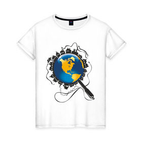 Женская футболка хлопок с принтом И всетаки она вертится в Тюмени, 100% хлопок | прямой крой, круглый вырез горловины, длина до линии бедер, слегка спущенное плечо | earth | planet | глобус | земной шар | и все таки он вертится | мир | планета земля