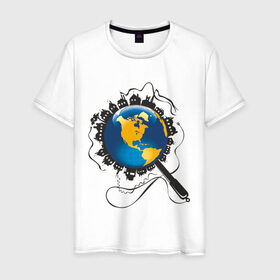 Мужская футболка хлопок с принтом И всетаки она вертится в Тюмени, 100% хлопок | прямой крой, круглый вырез горловины, длина до линии бедер, слегка спущенное плечо. | earth | planet | глобус | земной шар | и все таки он вертится | мир | планета земля