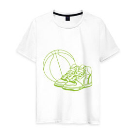 Мужская футболка хлопок с принтом Баскетбол (мяч и кеды) в Тюмени, 100% хлопок | прямой крой, круглый вырез горловины, длина до линии бедер, слегка спущенное плечо. | Тематика изображения на принте: баскетбольный мяч | кеды