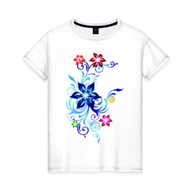Женская футболка хлопок с принтом Цветы Пандоры в Тюмени, 100% хлопок | прямой крой, круглый вырез горловины, длина до линии бедер, слегка спущенное плечо | Тематика изображения на принте: букет | цветочки | цветы