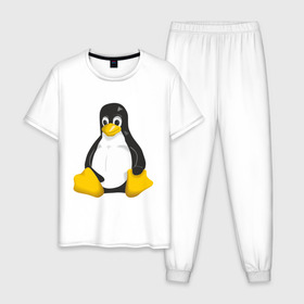 Мужская пижама хлопок с принтом Linux (7) в Тюмени, 100% хлопок | брюки и футболка прямого кроя, без карманов, на брюках мягкая резинка на поясе и по низу штанин
 | пингвин