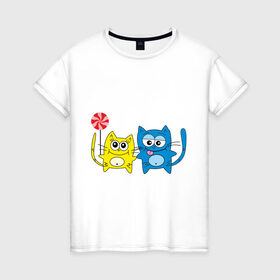 Женская футболка хлопок с принтом Влюбленные котята в Тюмени, 100% хлопок | прямой крой, круглый вырез горловины, длина до линии бедер, слегка спущенное плечо | влюбленные | влюбленные котятакотик | киса | кот | котенок | котята | кошка | любовь | парочка