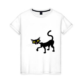 Женская футболка хлопок с принтом Кошка (2) в Тюмени, 100% хлопок | прямой крой, круглый вырез горловины, длина до линии бедер, слегка спущенное плечо | киса | коты | кошка | кошки | черная кошка